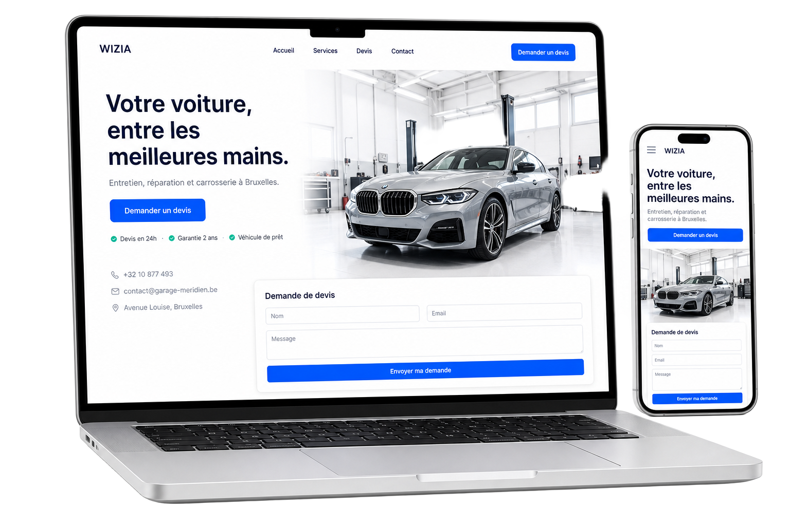 Exemple de site web professionnel créé par WIZIA pour un garage automobile belge, affiché sur ordinateur portable et smartphone